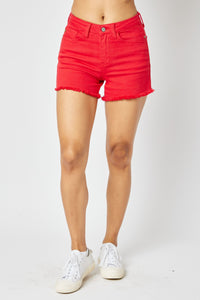 Red Fray Hem Shorts